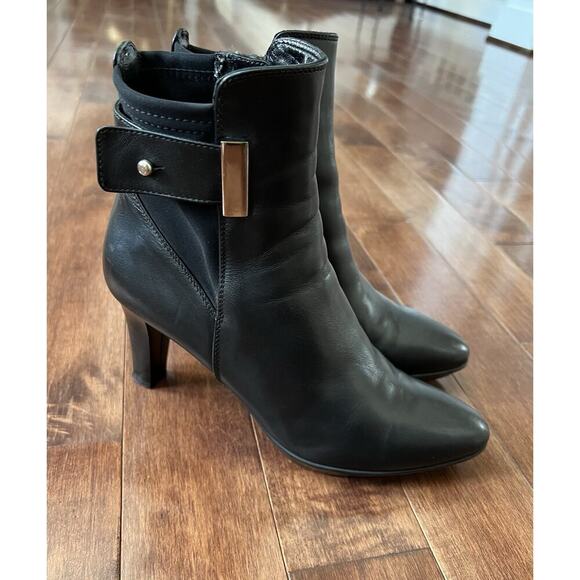Aquatalia Black Leather Side Zip Royal Waterproof High heel Bootie Italy US 8.5 - Picture 1 of 12